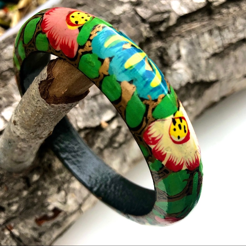 Vintage Hand-Painted Floral Boho Wooden Bangle